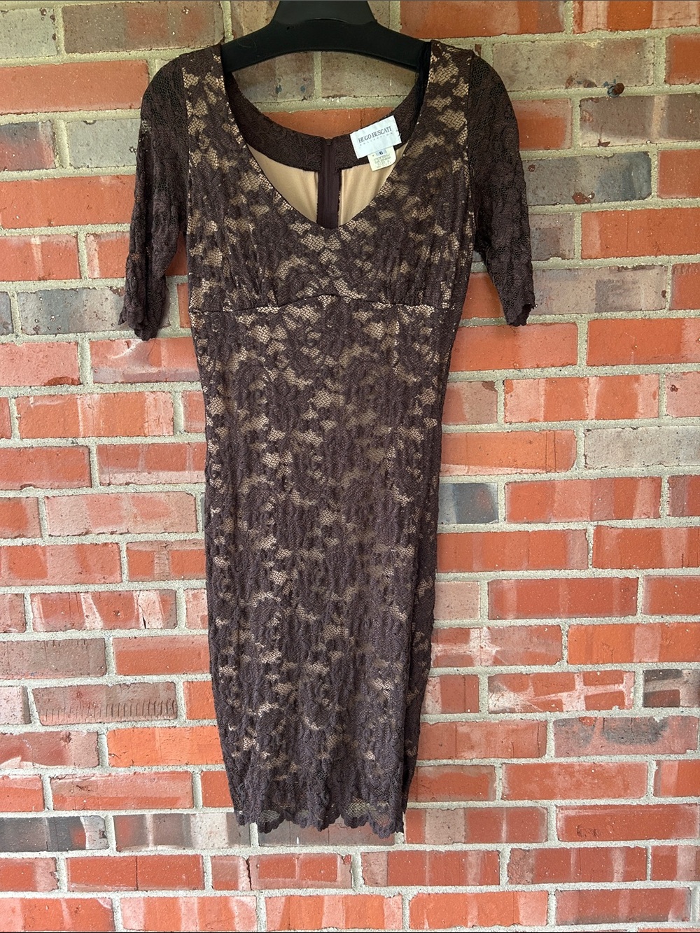 Hugo Buscati Brown Lace Midi Dress with Nude Lining